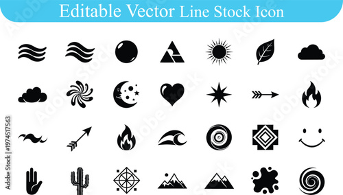 Diverse collection of nature abstract symbolic vector icons with weather and emotional elements abstract