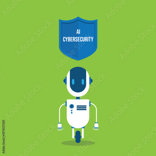 AI cybersecurity protection concept with robot assistant shield security technology digital data protection system for app interface dashboard and online network safety

