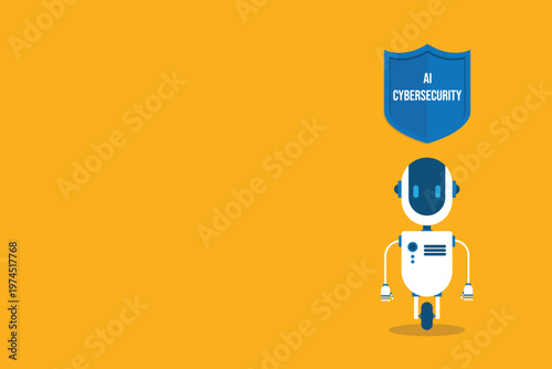 AI cybersecurity protection concept with robot assistant shield security technology digital data protection system for app interface dashboard and online network safety
