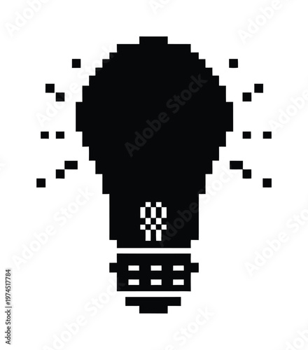 Pixelated vector light bulb symbol with emanating rays representing an idea or inspiration.