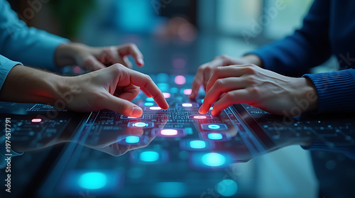 Multiple hands interacting with digital interface table, teamwork in futuristic environment, glowing data elements.