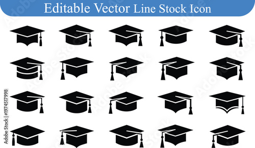 Set of black silhouette graduation caps with tassels in various angles, symbolizing higher education and academic