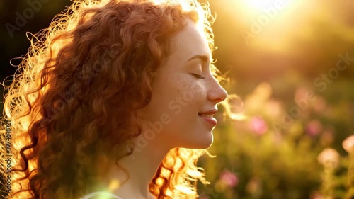 Young Woman with Red Curly Hair Enjoying Golden Hour Sunlight in Nature.