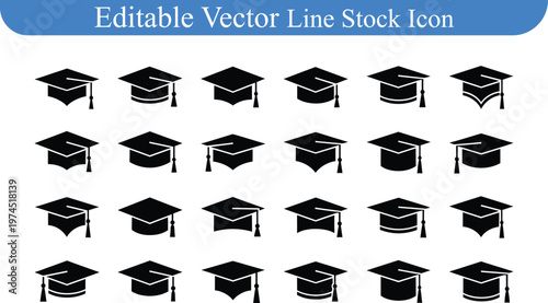 Graduation cap editable vector line stock icon collection with education academic university achievement