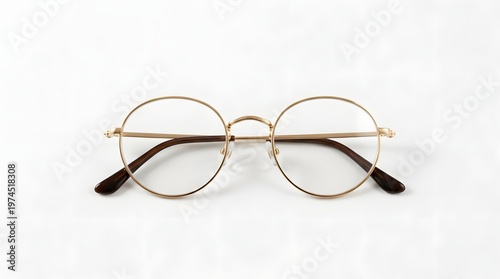 Stylish roundshaped eyeglasses with thin gold metal frames and dark brown temples are displayed fronton against a clean white background