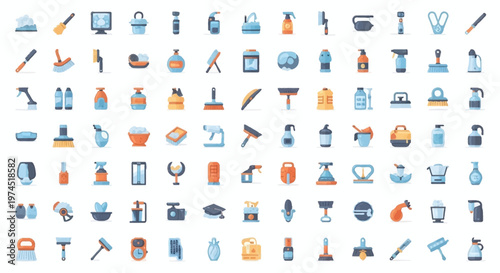 Cleaning Supplies Icons Set: Hygiene, Household Chores, Professional Cleaning Tools Collection