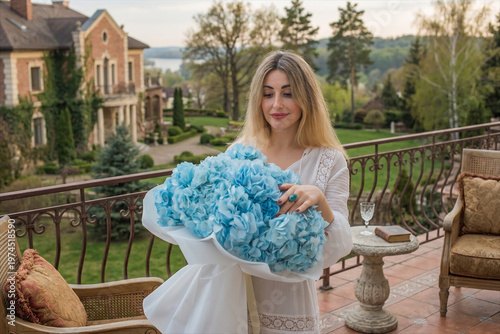 Elegant woman with oversized flower bouquet, luxury lifestyle, Old Money aesthetic. Real person portrait with AI-enhanced background, tools and digitally enhanced bouquet.