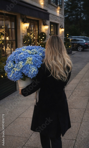 Elegant woman with oversized flower bouquet, luxury lifestyle, Old Money aesthetic. Real person portrait with AI-enhanced background, tools and digitally enhanced bouquet.