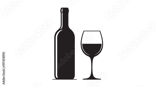 Wine Bottle and Glass Silhouette Vector Icon Isolated on White for Restaurant Menu and Luxury Beverage Branding