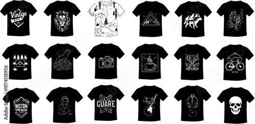 Monochrome T-shirt Designs Vector Set: Black and White Line Art Graphics for Apparel, Fashion, and Lifestyle Prints, featuring Vintage and Modern Themes