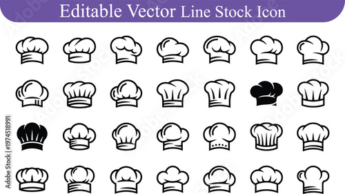 Editable vector line stock icon set of chef hats in various styles for culinary design with chef hat, cooking hat