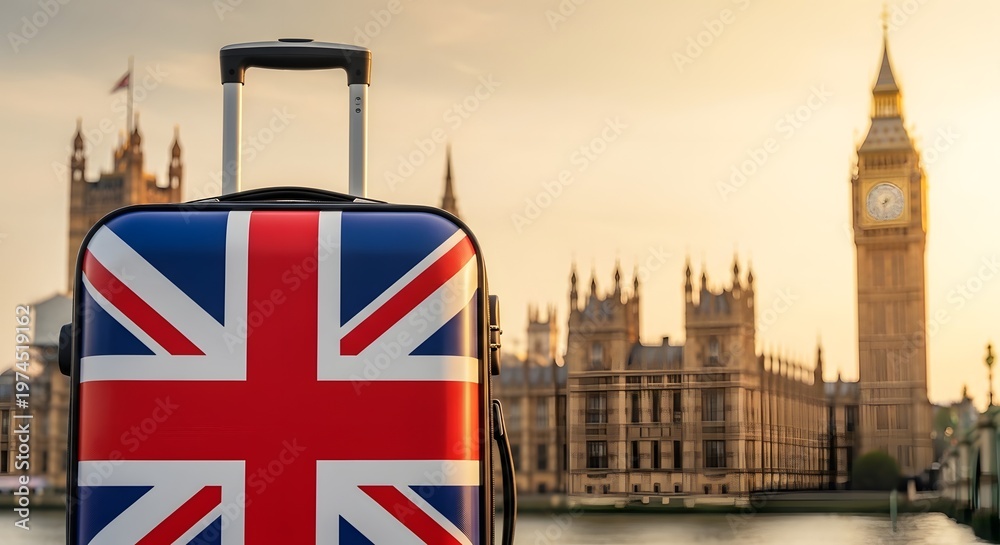 Fototapeta premium Celebrating flag day union jack suitcase in london with big ben and westminster abbey