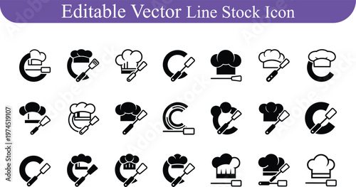Black silhouette chef hat and cooking utensils vector icons set for restaurant and kitchen design with restaurant