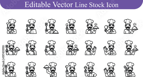 Set of male chef black silhouette vector icons with cooking utensils and serving dishes restaurant profession