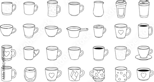 Black and White Line Art Collection of Various Coffee Mugs and Cups