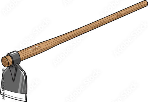 Hand tool hoe with wooden handle and metal blade detailed vector illustration for agriculture gardening and farming work