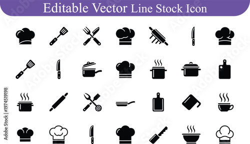 Set of kitchen utensils and cooking items black silhouette vector icons for culinary design with chef hat, culinary