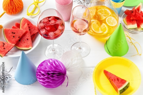 Summer Celebration Table Setup with Refreshing Drinks Party Hats and Watermelon Slices for Outdoor Event