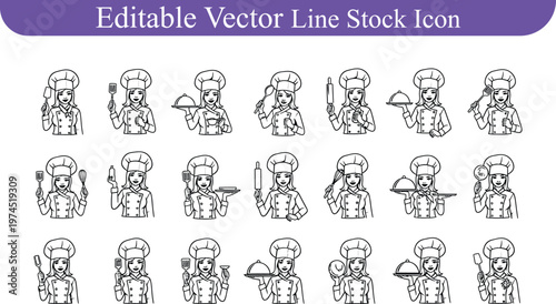 Editable vector line icons set of diverse chefs male and female kitchen tools with restaurant culinary profession