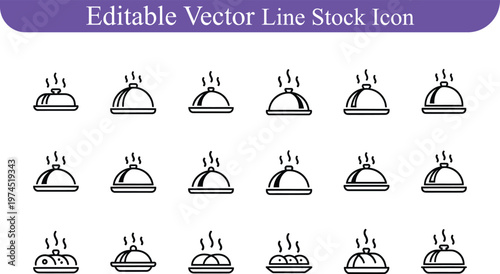 Collection of editable vector line stock icons featuring hot food serving cloches with steam, restaurant