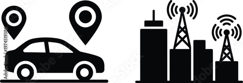 Vector graphic illustration of car navigation and wireless communication symbols