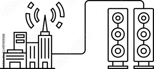 Vector graphic illustration of city tower transmitting signal to speakers