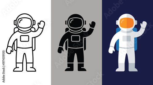 Astronaut Waving in Space Suit on White, Grey, Blue Backgrounds