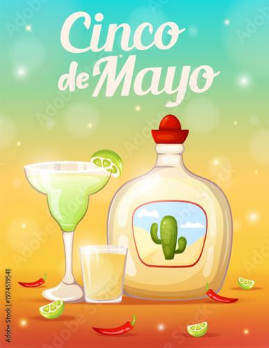 Cinco de mayo poster with margarita cocktail, tequila bottle and shot glass, decorated with lime slices and chili peppers on a vibrant festive background.