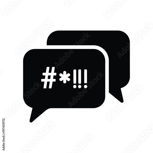 Two overlapping black speech bubbles with symbols representing profanity in a vector style illustration.