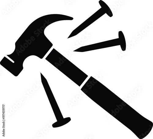 Black silhouette of a hammer and nails on white background vector graphic