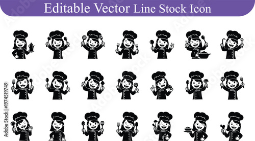 Collection of editable vector line icons featuring female chef characters engaged in cooking and baking activities