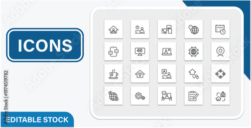 Set of 20 thin line icons for remote work, telecommuting, and digital communication
