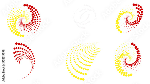 Six vibrant spiral dot patterns swirl against black.