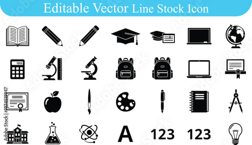 Diverse collection of editable vector line icons for education science academic learning subjects education