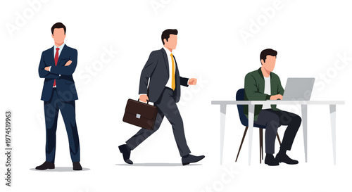Collection set vector flat style of 3 businessman characters wearing formal suits in different poses, corporate professional people isolated on clean background for business and office concepts