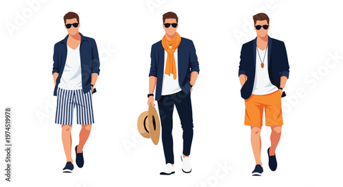 Collection set vector flat style of 3 men wearing summer beach outfits, relaxed vacation style characters isolated on clean background for holiday and travel concepts
