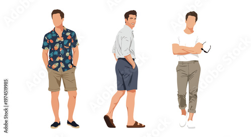 Collection set vector flat style of 3 men wearing summer beach outfits, relaxed vacation style characters isolated on clean background for holiday and travel concepts