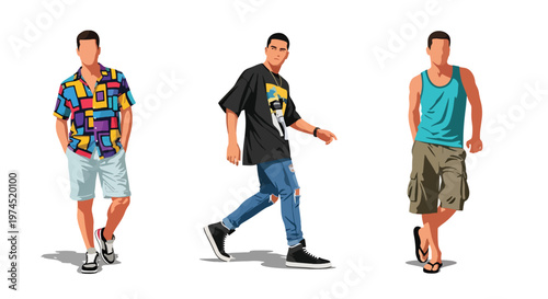 Collection set vector flat style of 3 men wearing summer beach outfits, relaxed vacation style characters isolated on clean background for holiday and travel concepts