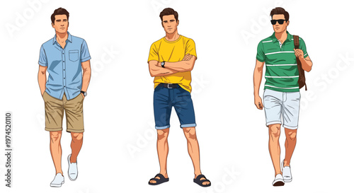 Collection set vector flat style of 3 men wearing summer beach outfits, relaxed vacation style characters isolated on clean background for holiday and travel concepts