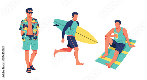 Collection set vector flat style of 3 men wearing summer beach outfits, relaxed vacation style characters isolated on clean background for holiday and travel concepts