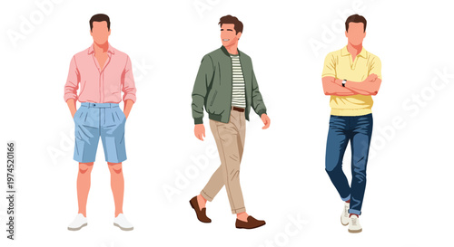 Collection set vector flat style of 3 men wearing trendy spring fashion outfits, modern male characters isolated on clean background for seasonal lifestyle concepts