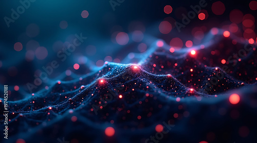 Abstract wave of glowing data particles and connections, futuristic digital flow, blue and red tones.