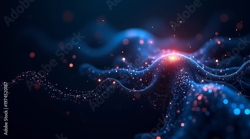 Futuristic glowing wave of energy and particles, representing AI intelligence and data movement, dark background.