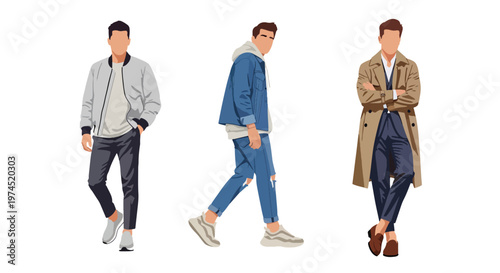 Collection set vector flat style of 3 men wearing trendy spring fashion outfits, modern male characters isolated on clean background for seasonal lifestyle concepts
