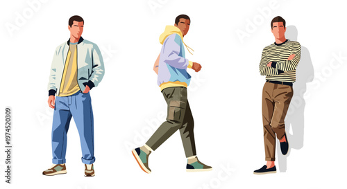 Collection set vector flat style of 3 men wearing trendy spring fashion outfits, modern male characters isolated on clean background for seasonal lifestyle concepts