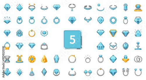 Collection of Blue Gemstones and Diamond Jewelry Icons, Rings, Necklaces, Pendants