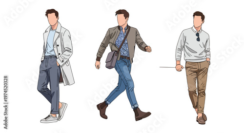 Collection set vector flat style of 3 men wearing trendy spring fashion outfits, modern male characters isolated on clean background for seasonal lifestyle concepts