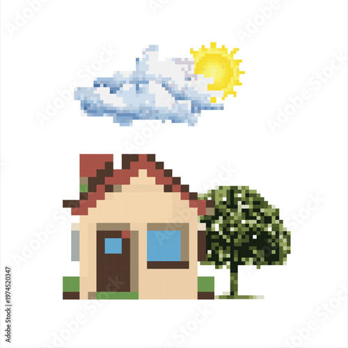 Pixel Art House with Sun, Cloud, and Tree