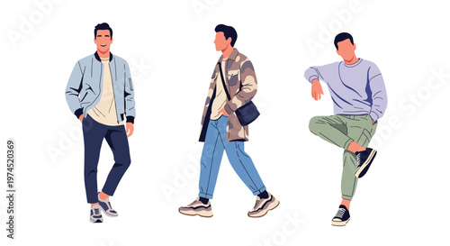 Collection set vector flat style of 3 men wearing trendy spring fashion outfits, modern male characters isolated on clean background for seasonal lifestyle concepts