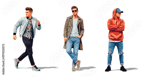 Collection set vector flat style of 3 men wearing trendy spring fashion outfits, modern male characters isolated on clean background for seasonal lifestyle concepts